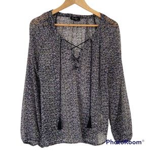 JESSICA SIMPSON MULTI COLOURED SHEER TOP/BLOUSE WITH LACE UP FRONT, SIZE LARGE